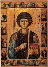 Увеличить - Святой Пантелеимон с житием, начало XIII века (единственная житийная икона святого Пантелеимона византийского времени)